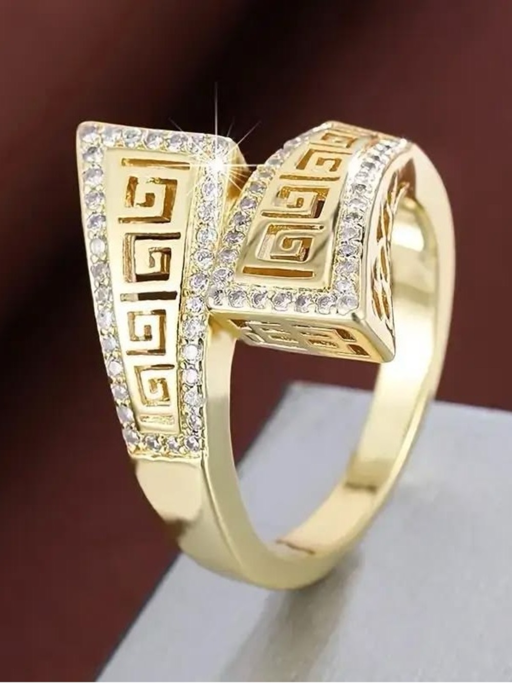Gold Greek Key Pavé Crystal Open Ring - Women